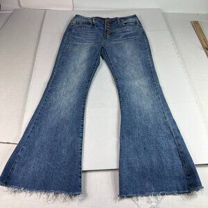Risen Jeans Women 30x28* High Rise Flare Blue Faded Stretch Raw Hem Denim Tag 29